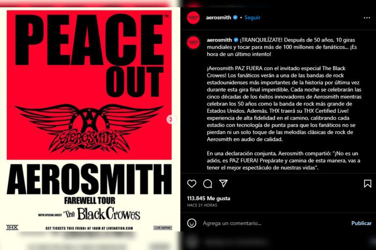  Aerosmith  comunicó cuándo será su última gira (Foto Instagram @aerosmith)