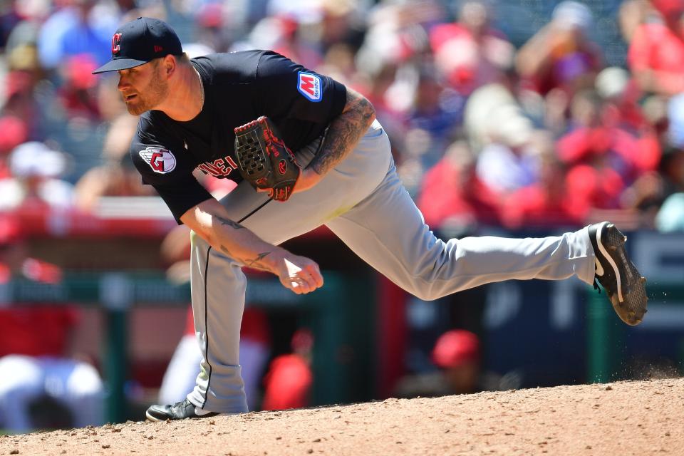 Cleveland Guardians pitcher Ben Lively (39) throws against the Los Angeles Angels on May 26 in Anaheim, California.