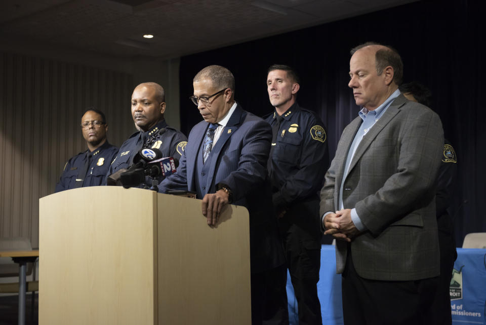 Detroit Police Chief James Craig speaks to the media at Detroit Public Safety Headquarters, Thursday, November 21, 2019, about two officers who were shot Wednesday evening while responding to a home invasion on Detroit's west side. Officer Rasheen McLain was killed during the incident and another officer was wounded. (David Guralnick/Detroit News via AP)