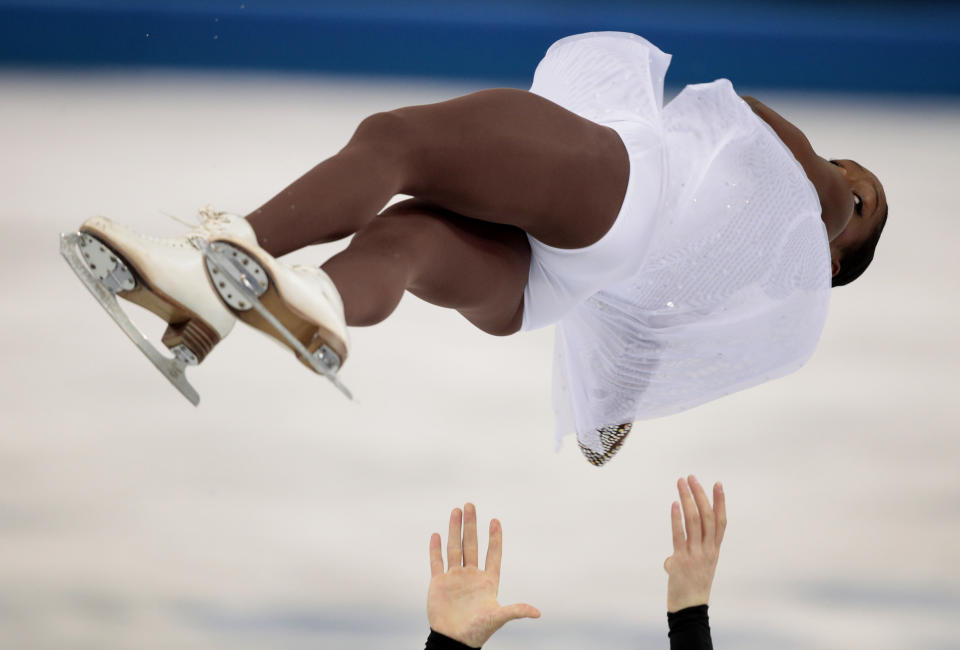 Vanessa James and Morgan Cipres of France compete in the pairs free skate figure skating competition at the Iceberg Skating Palace during the 2014 Winter Olympics, Wednesday, Feb. 12, 2014, in Sochi, Russia. 