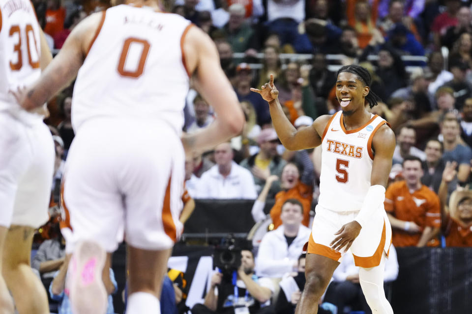 Mar 24, 2023; Kansas City, MO, USA; Texas Longhorns guard Marcus Carr (5) reacts during the first half of an NCAA tournament Midwest Regional semifinal against the Xavier Musketeers at T-Mobile Center. Mandatory Credit: Jay Biggerstaff-USA TODAY Sports