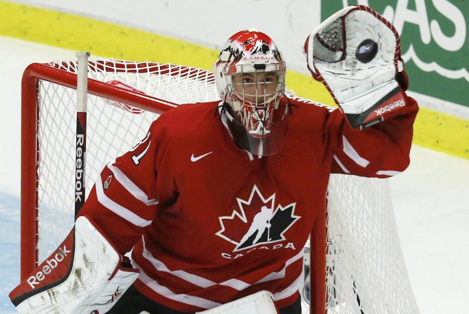 Canada's goalie Zachary Fucale makes a save against Switzerland during the third period of their IIHF World Junior Championship quarter-final ice hockey game in Malmo