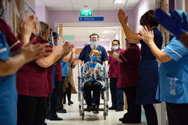 Margaret Keenan, 90, applauded by staff as she returned to her ward after she became the first person in the United Kingdom to receive the Pfizer/BioNtech covid-19 vaccine at University Hospital, Coventry , at the start of the largest ever immunisation programme in the UK’s history