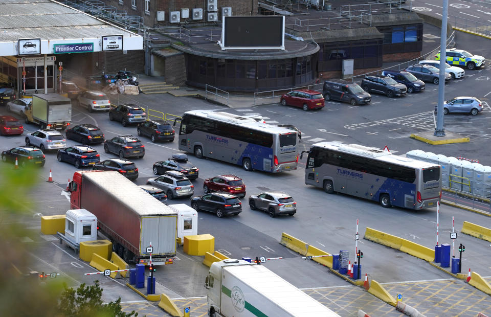 Vehicles wait in line in the check-in lanes at the Port of Dover in Kent after a weekend of backlogs which left passengers stuck in Easter traffic for hours as the Easter holidays begun. Picture date: Monday April 3, 2023. (Photo by Gareth Fuller/PA Images via Getty Images)