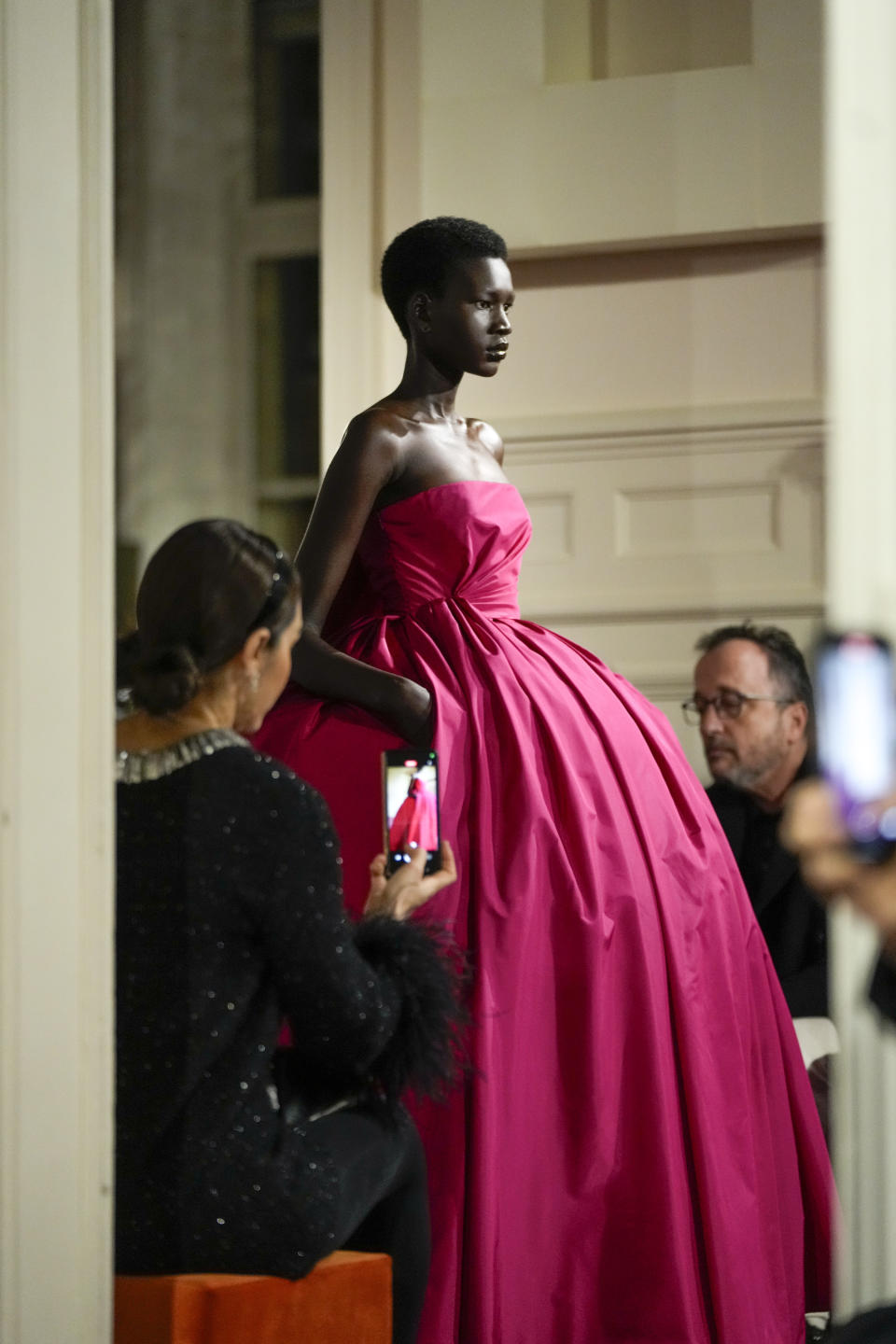 A model wears a creation for Valentino as part of the Haute Couture Spring-Summer 2024 collection presented in Paris, Wednesday, Jan. 24, 2024. (AP Photo/Thibault Camus)