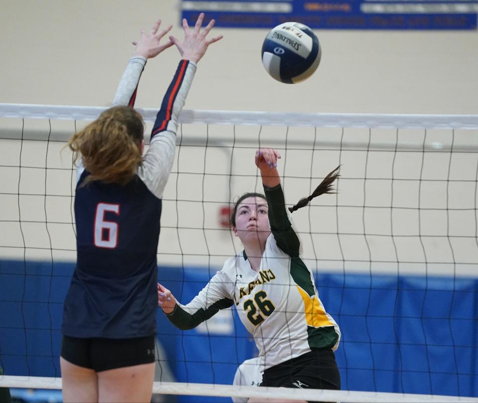 Lakeland's Kayla Jennings (26) with a spike during their 3-1 win over Horace Greeley 3-1 in the Section 1-Class A volleyball finals at Mahopac High School in Mahopac on Saturday, November 5, 2022.