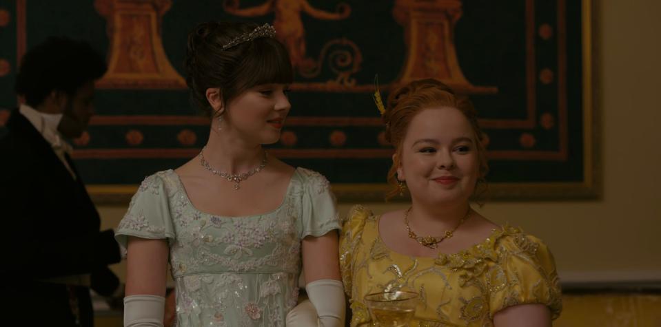 Claudia Jessie as Eloise Bridgerton and Nicola Coughlan as Penelope Featherington on the season two finale of "Bridgerton."