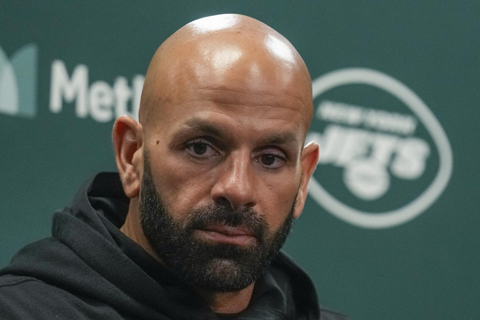 New York Jets head coach Robert Saleh, answers questions during a news conference after an NFL football game against the Los Angeles Chargers, Monday, Nov. 6, 2023, in East Rutherford, N.J. (AP Photo/Seth Wenig)