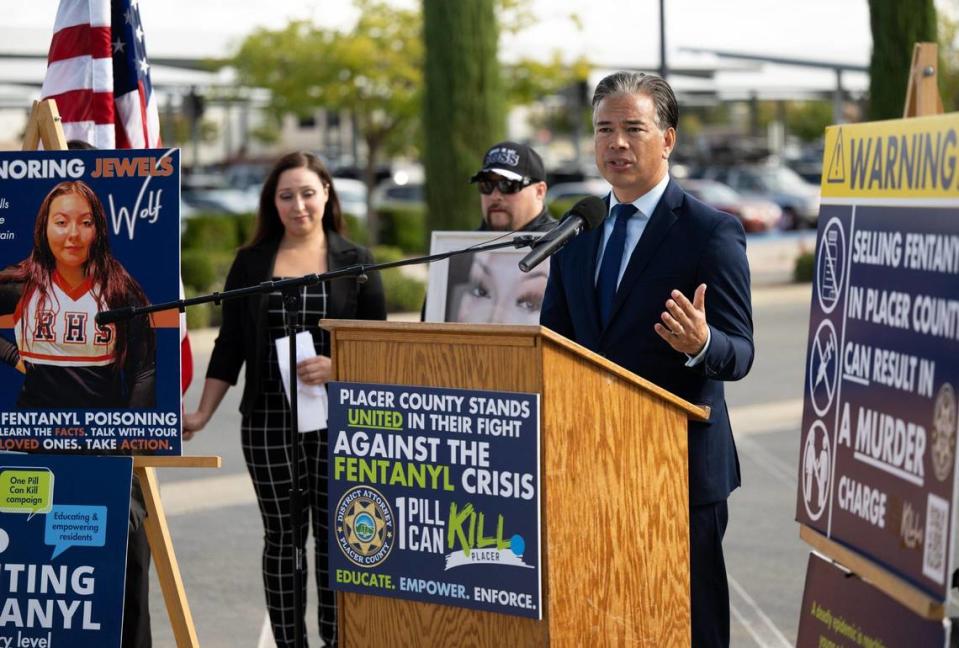 California Attorney General Rob Bonta speaks about the sentencing of Nathanial Evan Cabacungan, 22, for second-degree murder for the fentanyl death Jewels Marie Wolf as her mother Regina Leah Chavez, left, listens during a press conference at Placer Superior Court Tuesday, Oct. 10, 2023, in Roseville.