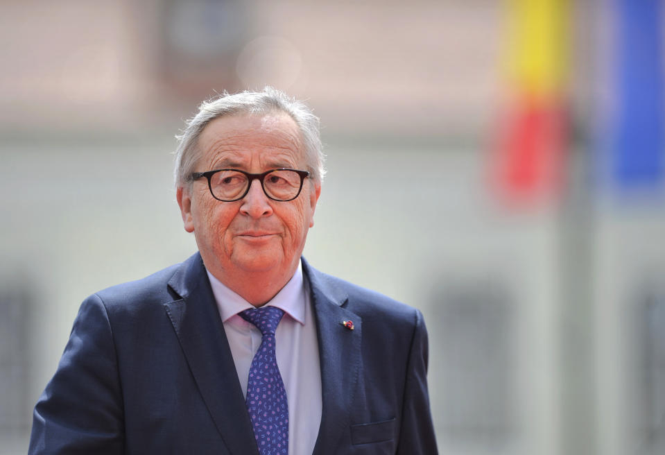 European Commission President Jean-Claude Juncker arrives for an EU summit in Sibiu, Romania, Thursday, May 9, 2019. European Union leaders on Thursday start to set out a course for increased political cooperation in the wake of the impending departure of the United Kingdom from the bloc. (AP Photo/Andreea Alexandru)