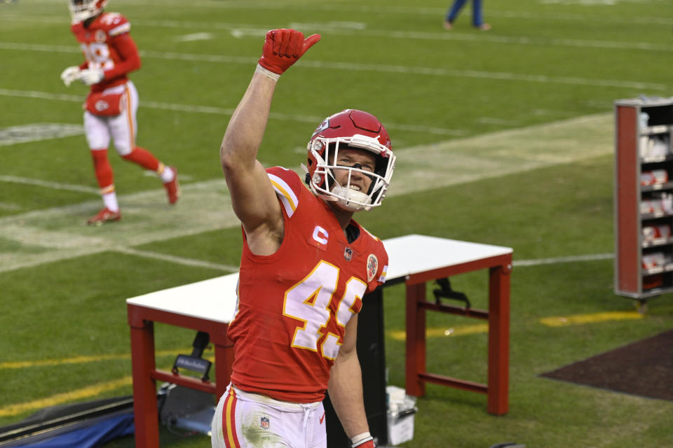 Kansas City Chiefs safety Daniel Sorensen celebrates after an NFL divisional round football game against the Cleveland Browns, Sunday, Jan. 17, 2021, in Kansas City. The Chiefs won 22-17. (AP Photo/Reed Hoffmann)