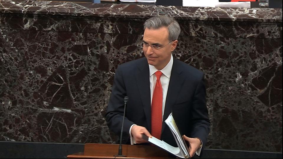 In this image from video, White House counsel Pat Cipollone finishes speaking during the impeachment trial against President Donald Trump in the Senate at the U.S. Capitol in Washington, Tuesday, Jan. 28, 2020.