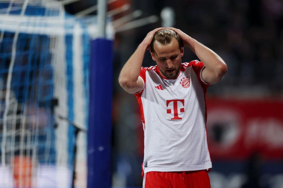 Harry Kane reacts as Bayern failed to cut the gap to leaders Leverkusen (Getty Images)