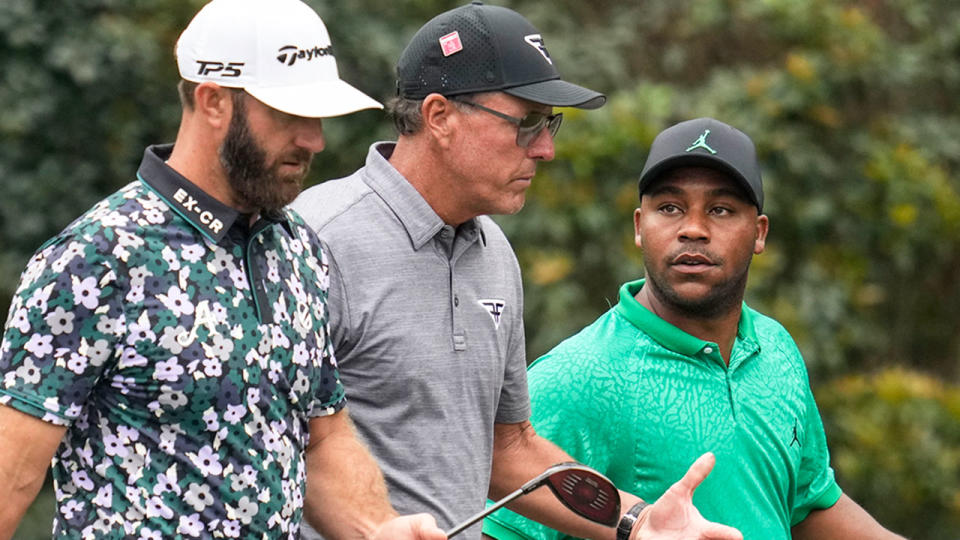 From right to left, LIV Golf players Harold Varner III, Phil Mickelson and Dustin Johnson.