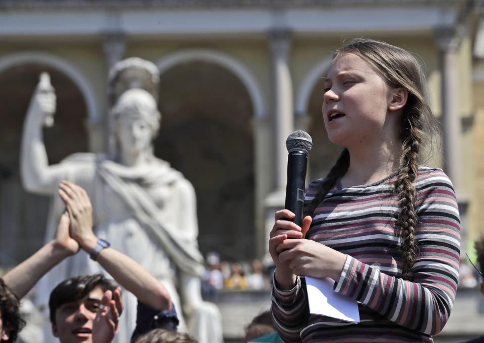 Swedish teenager and environmental activist Greta Thunberg speaks during a Fridays for Future rally, in Rome, Friday, April 19, 2019. Thunberg was in Rome to headline Friday's "school strike," the growing worldwide youth movement she spearheaded, demanding faster action against climate change.(AP Photo/Alessandra Tarantino)