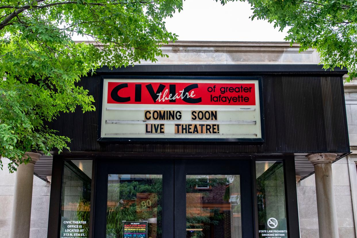 "Coming soon live theatre,” is seen on the marquee of the Civic Theatre of Greater Lafayette, Wednesday, June 2, 2021 in Lafayette, Ind. The theatre has been closed since March 2020 and looks to reopen in July.