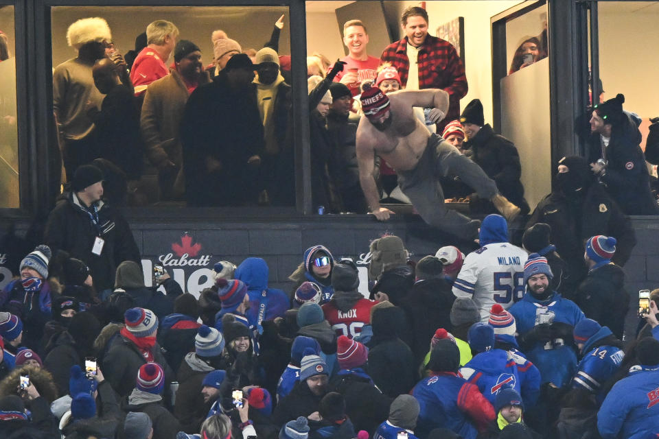 Jason Kelce #62 of the Philadelphia Eagles celebrates and jumps from his box after the Kansas City Chiefs score a touchdown