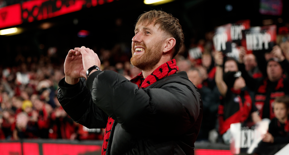 Retiring Essendon club great Dyson Heppell farewelled fans at Marvel Stadium on Friday night. Pic: Getty