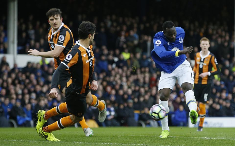 <p>Everton’s Romelu Lukaku shoots at goal </p>