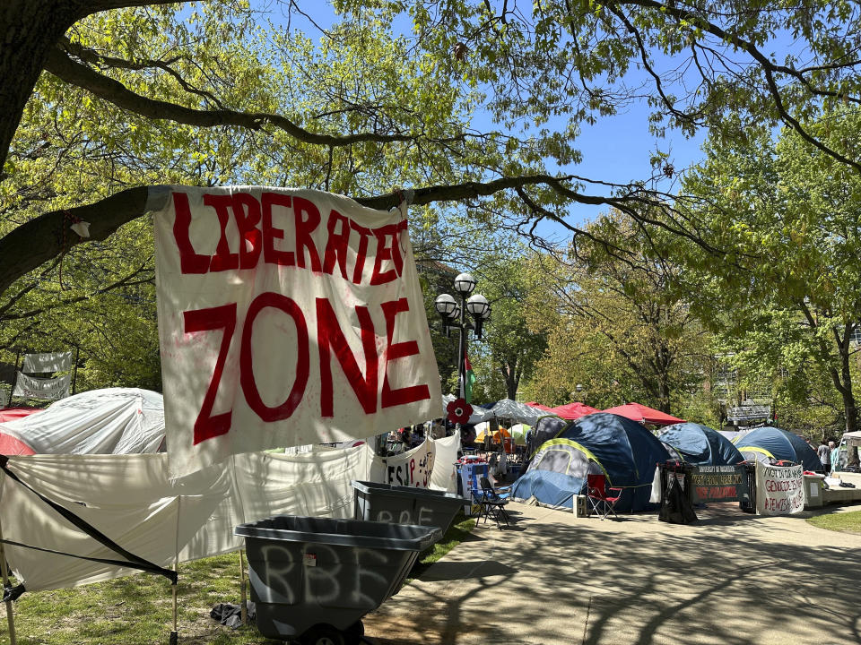 FILE - Dozens of tents were in place as part of a pro-Palestinian protest at the University of Michigan in Ann Arbor, Mich., on Thursday, May 2, 2024. The only thing more American than protests for a cause? Wanting them to pipe down and go away. From the Boston Tea Party to the Civil Rights Movement to last week, U.S. history is filled with the tension between people demonstrating about issues that matter to them and others who want to be left alone. (AP Photo/Ed White, File)