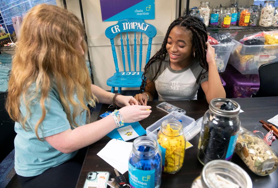 Chain Reaction volunteer students Lucy Adams Stevenson and Ariana Fleming put together activity kits during a team meeting on Friday, Feb. 9, 2024.