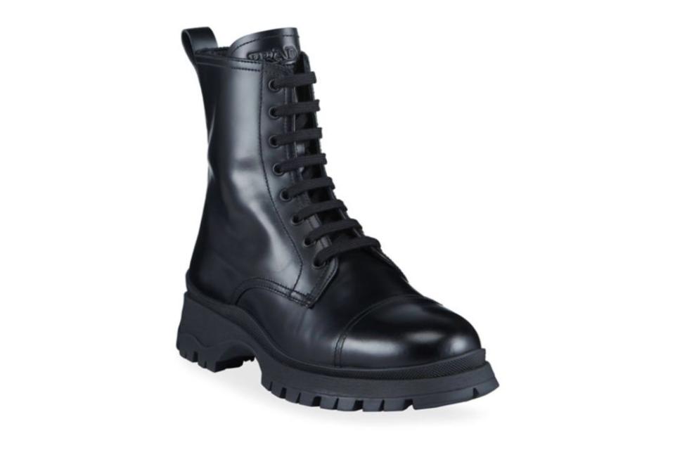 prada, leather lug-sole combat boots, black boots