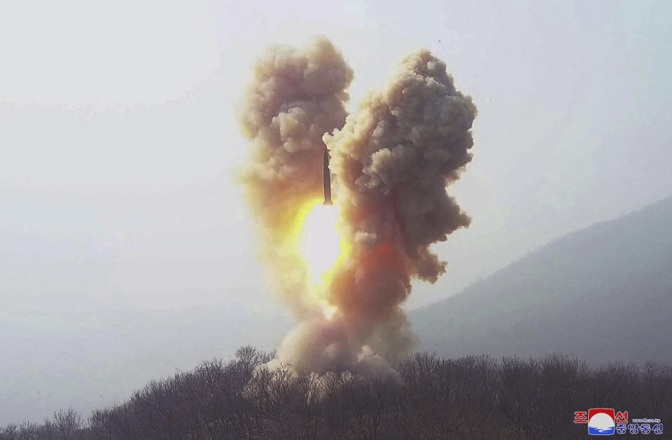 This photo provided by the North Korean government shows what it says is a ballistic missile in North Pyongan Province, North Korea, on March 19, 2023. North Korea says its ballistic missile launch over the weekend simulated a nuclear attack against South Korea. Independent journalists were not given access to cover the event depicted in this image distributed by the North Korean government. The content of this image is as provided and cannot be independently verified. Korean language watermark on image as provided by source reads: "KCNA" which is the abbreviation for Korean Central News Agency. (Korean Central News Agency/Korea News Service via AP)