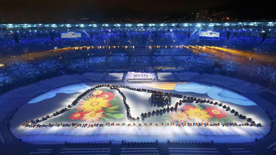 <p>Performers take part in the closing ceremony for the 2016 Rio Olympics at the Maracana Stadium on August 21, 2016. (REUTERS/Fabrizio Bensch) </p>