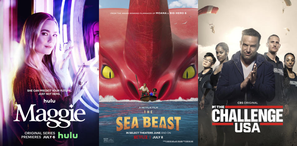 En esta combinación de fotografías, el arte promocional de la serie de Hulu "Maggie", izquierda, la película animada de Netflix "The Sea Beast", centro, y el nuevo reality "The Challenge USA" de CBS. (Hulu/Netflix/CBS via AP)