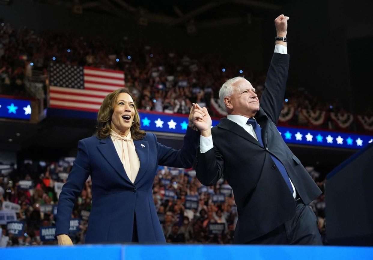 PHOTO: Democratic presidential candidate, U.S. Vice President Kamala Harris and Democratic vice presidential candidate Minnesota Gov. Tim Walz greet supporters during a campaign event at Girard College on Aug. 6, 2024 in Philadelphia. (Andrew Harnik/Getty Images)