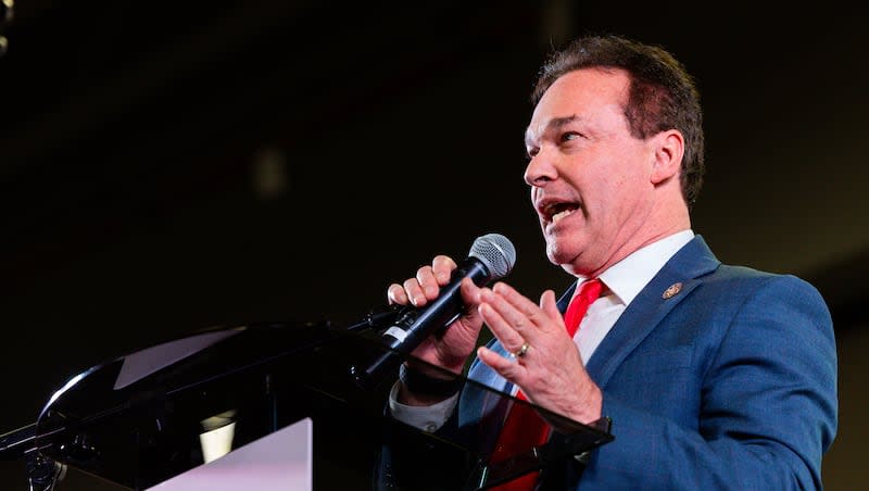 Frank Demcy Mylar, attorney general candidate, speaks in an additional round for the attorney general race at the Utah Republican Party state nominating convention at the Salt Palace Convention Center in Salt Lake City on Saturday, April 27, 2024.