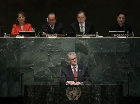 United Nations General Assembly President Mogens Lykketoft delivers his remarks during the opening ceremony of the Paris Agreement signing ceremony on climate change at the United Nations Headquarters in Manhattan, New York, U.S., April 22, 2016. REUTERS/Mike Segar