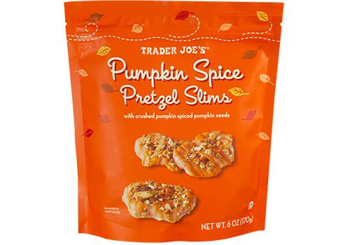 <p><strong>TJ's classic pretzel slims are filled with spices, lemon peel and a pumpkin spice-infused yogurt coating in this seasonal version. </strong>You'll love this crunchy and chewy treat that provides the perfect combination of salty and sweet.</p>