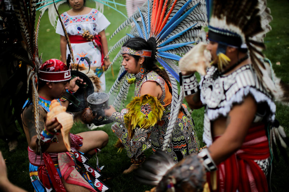 <p>Revellers perform during a “pow-wow” celebrating the Indigenous Peoples’ Day Festival in Randalls Island, in New York, Oct. 8, 2017. The festival is held as a counter-celebration to Columbus Day and to promote Native American culture and history. (Photo: Eduardo Munoz/Reuters) </p>