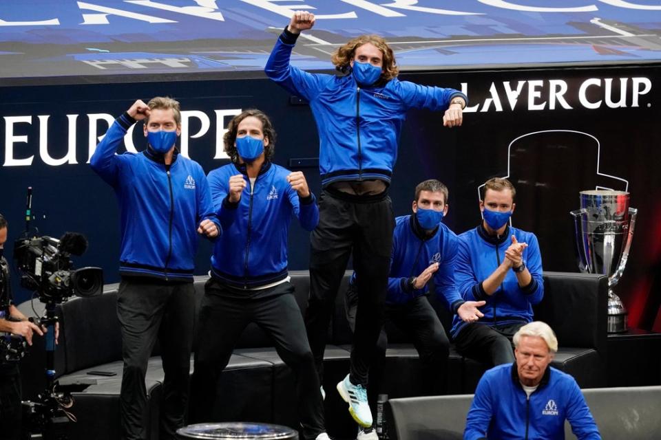 Stefanos Tsitsipas leads the cheers as Casper Ruud gives Team Europe an early lead at the Laver Cup (Elise Amendola/AP) (AP)