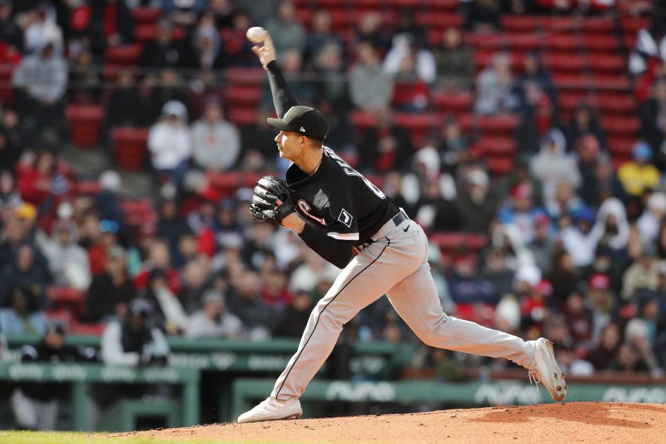 Chicago White Sox's Dylan Cease pitches during the first inning of a baseball game against the Boston Red Sox, Saturday, May 7, 2022, in Boston. (AP Photo/Michael Dwyer)