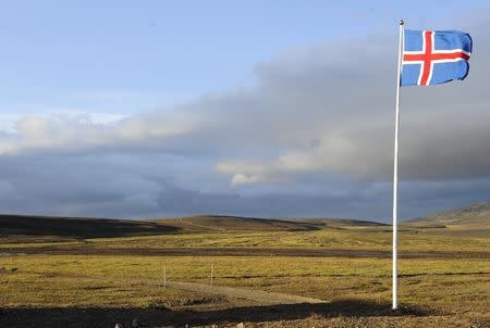 An Icelandic flag flutters in the wind in Myji Dalur August 20, 2014, the closest inhabited area to Bardarbunga volcano in the north-west region of the Vatnajokull glacier. REUTERS/Sigtryggur Johannsson