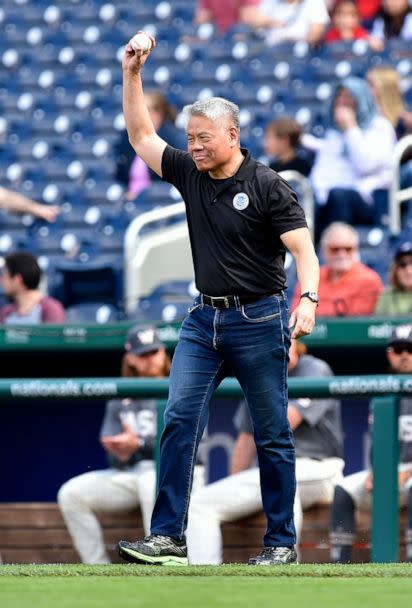PHOTO: Deputy Secretary of Homeland Security John Tien throws out the ceremonial first pitch during the Atlanta Braves versus Washington Nationals MLB game at Nationals Park on April 1, 2023 in Washington, D.C. (Randy Litzinger/Icon Sportswire via Getty Images, FILE)