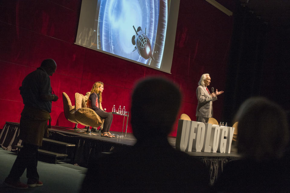 Dr. Michio Kaku speaks to attendees of the Ufology World Congress in Barcelona, Spain on September 7, 2019. (Photo: José Colon for Yahoo News)