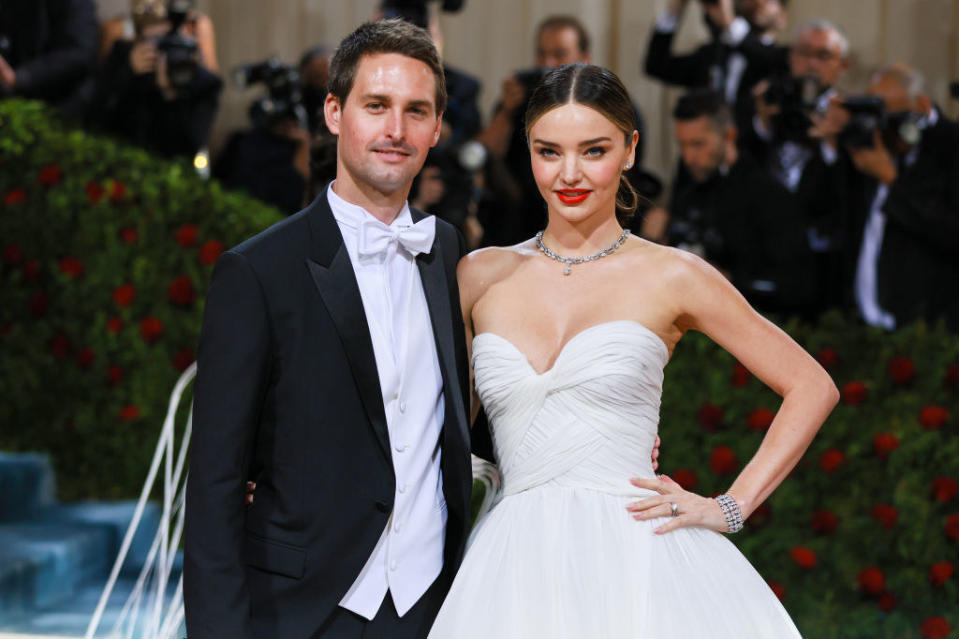 A closeup of Evan Spiegel and Miranda Kerr