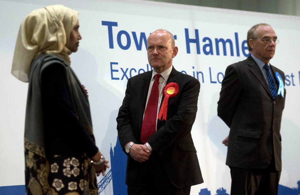 Labour's John Biggs is elected as the new mayor of Tower Hamlets as Independent candidate Rabina Khan (left) looks on after the count at the Excel Centre in London, to replace ousted mayor of Tower Hamlets Lutfur Rahman.