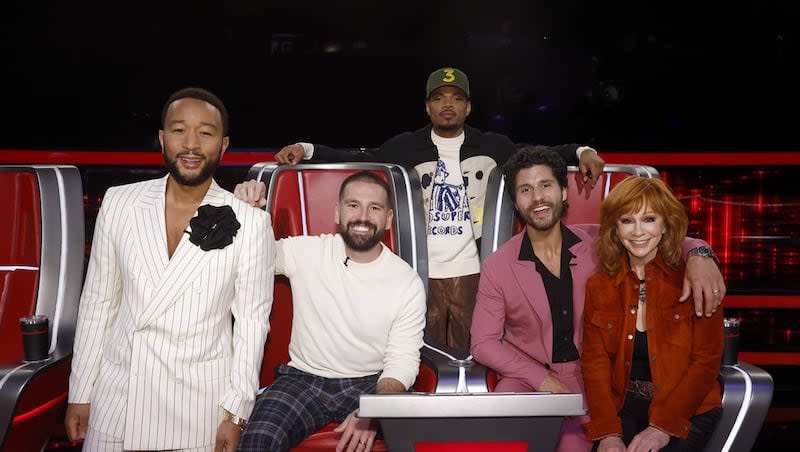 John Legend, Dan + Shay, Chance The Rapper and Reba McEntire on the set of "The Voice." "The Voice" reveals the competition's top five singers Tuesday night.