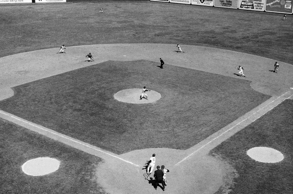 Red Wings slugger Don Baylor lines the ball up the middle during the Wings shut out win over Louisville, 4-0, on May 31, 1971 at Silver Stadium. 