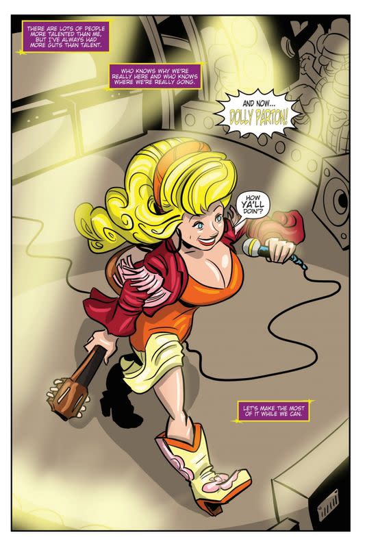 An image shows a page from a TidalWave Comics' comic book based on life of singer Dolly Parton, with planned release date March 31, 2021