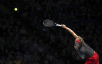 Alexander Zverev serves against Croatia's Marin Cilic during the ATP Men's Singles Final, at The O2 Arena in London, Monday Nov. 12, 2018. Cilic made 46 unforced errors as he gave up a break advantage in both sets in losing to Alexander Zverev on Monday. (Adam Davy/PA via AP)