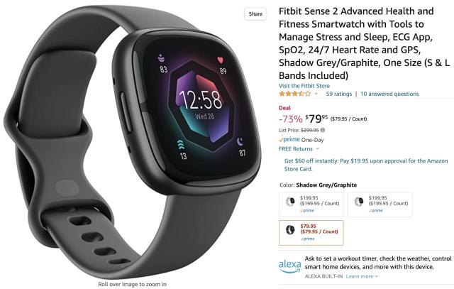  Fitbit Sense 2 Advanced Health and Fitness Smartwatch with  Tools to Manage Stress and Sleep, ECG App, SpO2, 24/7 Heart Rate and GPS,  Shadow Grey/Graphite, One Size (S & L Bands