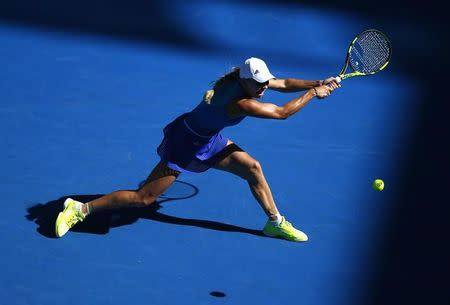 Tennis - Australian Open - Melbourne Park, Melbourne, Australia - 17/1/17 Denmark's Caroline Wozniacki hits a shot during her Women's singles first round match against Australia's Arina Rodionova. REUTERS/Edgar Su