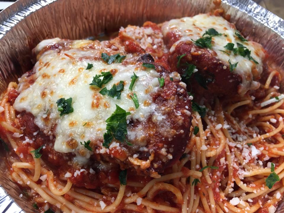 Chicken parmesan with spaghetti at The Food Bar in Essex Junction on April 21, 2021.