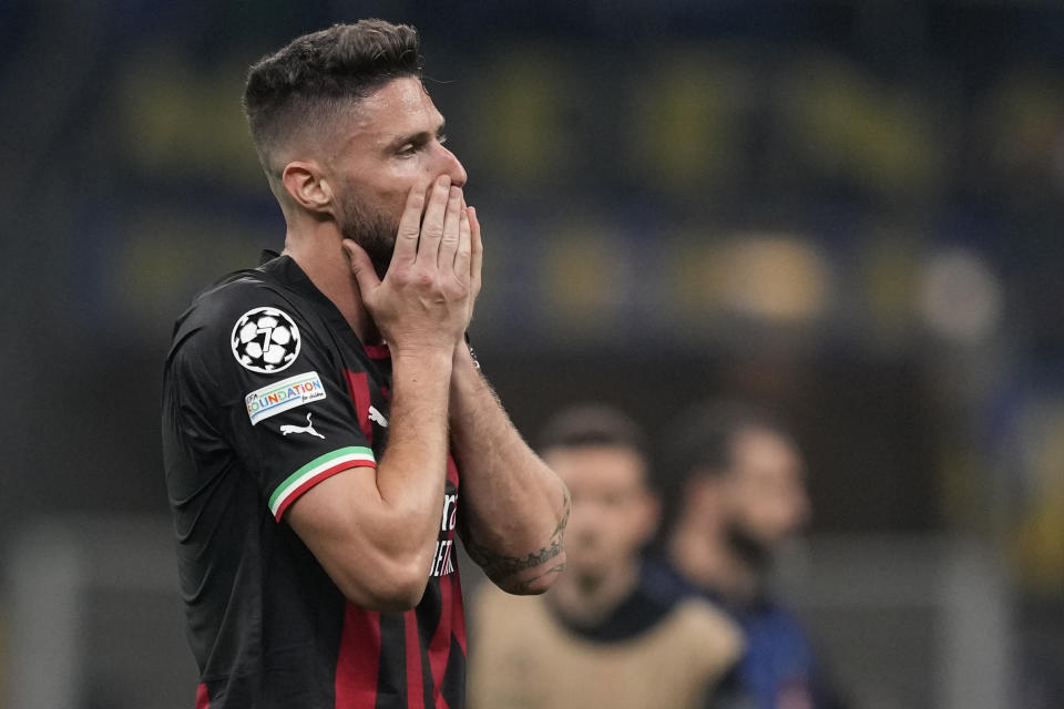 AC Milan's Olivier Giroud is dejected after the Champions League semifinal second leg soccer match between Inter Milan and AC Milan at the San Siro stadium in Milan, Italy, Tuesday, May 16, 2023. (AP Photo/Antonio Calanni)