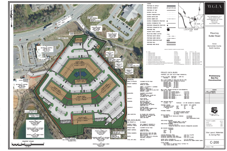Site plans for the Flournoy Butler Road project, a 279-unit apartment complex proposed on Butler Road in South Asheville.